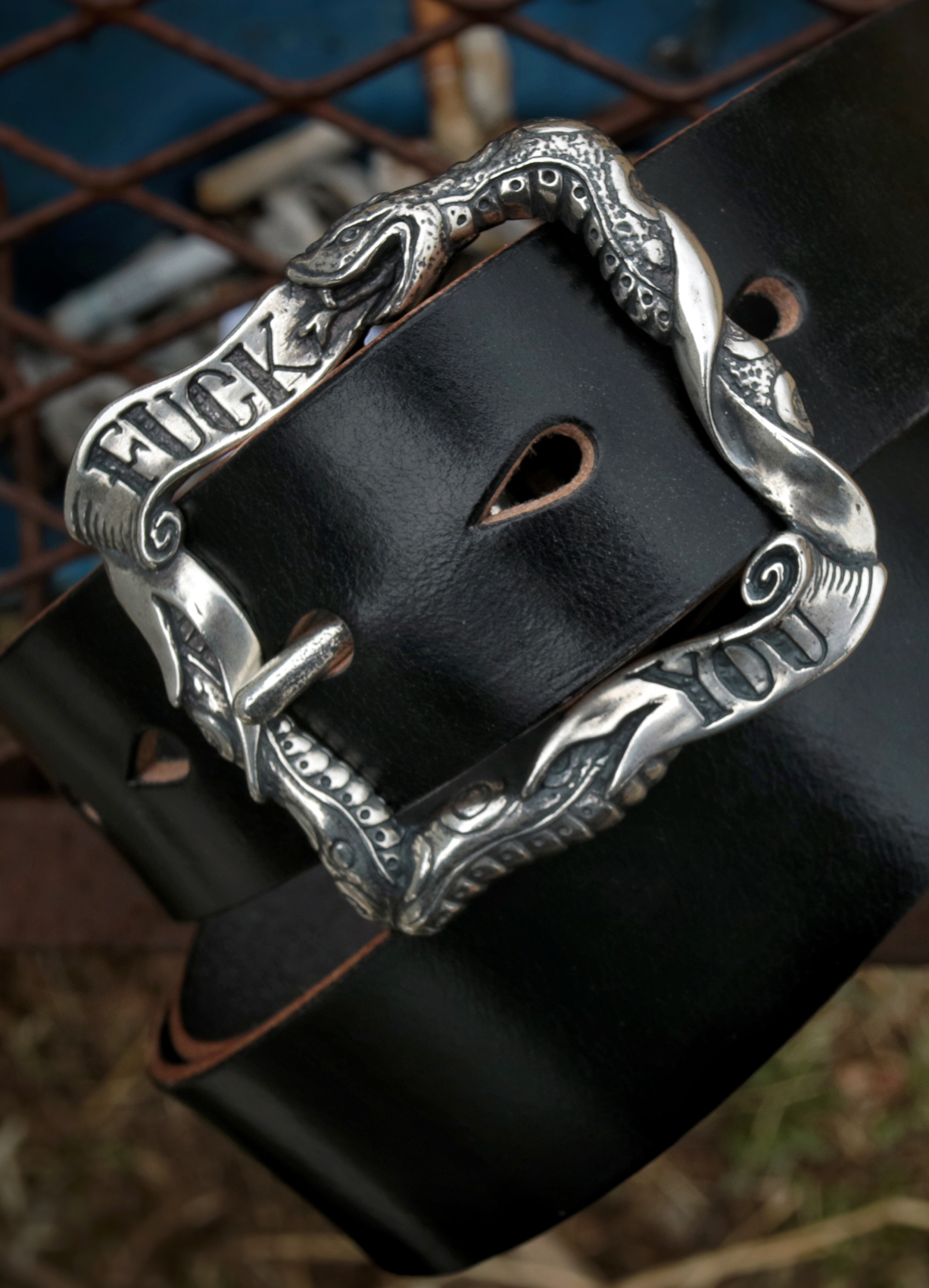SNAKE F WORD LEATHER BELT SILVER (QS LEATHER X SHEEN666)